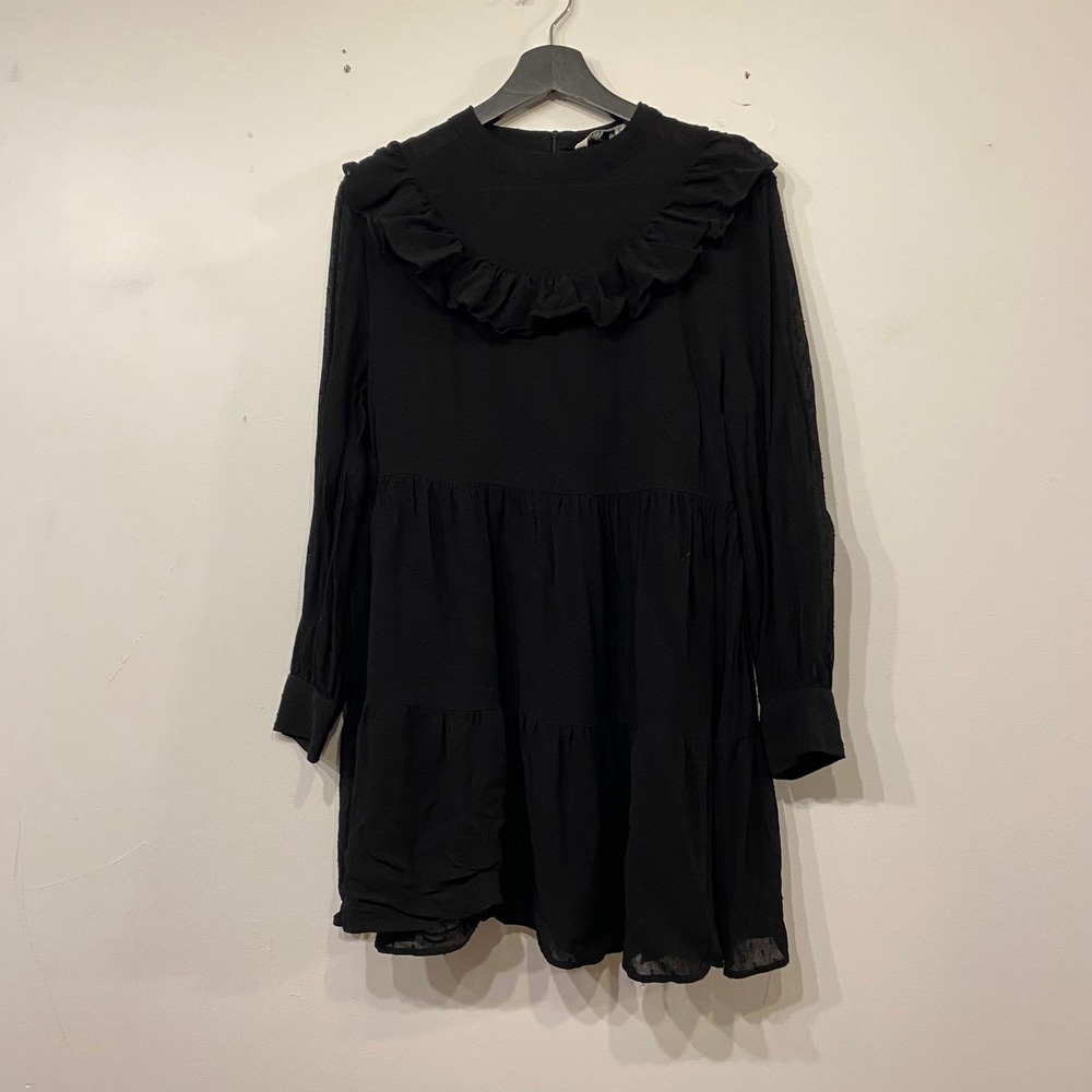 Zara Black Swiss Dot Ruffle Tiered Babydoll Mini Dress Long Sleeve Large
